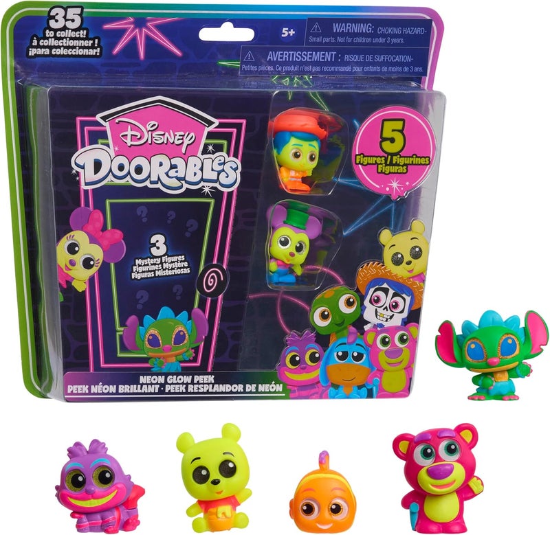 Disney Just Play Disney Doorables Neon Glow Peek Figures, 5 Special Edition 1.5-inch Collectible Figurines, Kids Toys for Ages 5 Up - Image 1